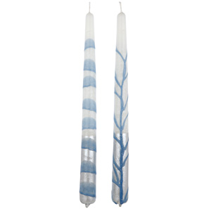 Kerzenpaar aus Safed, weiß-silber-blau