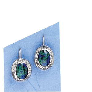 Silberner Ohrhänger Paar mit ziseliertem Rand und Eilatstein, Länge 25 mm