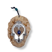 Wandschmuck-Chamsa, versilbert, auf Jerusalemstein